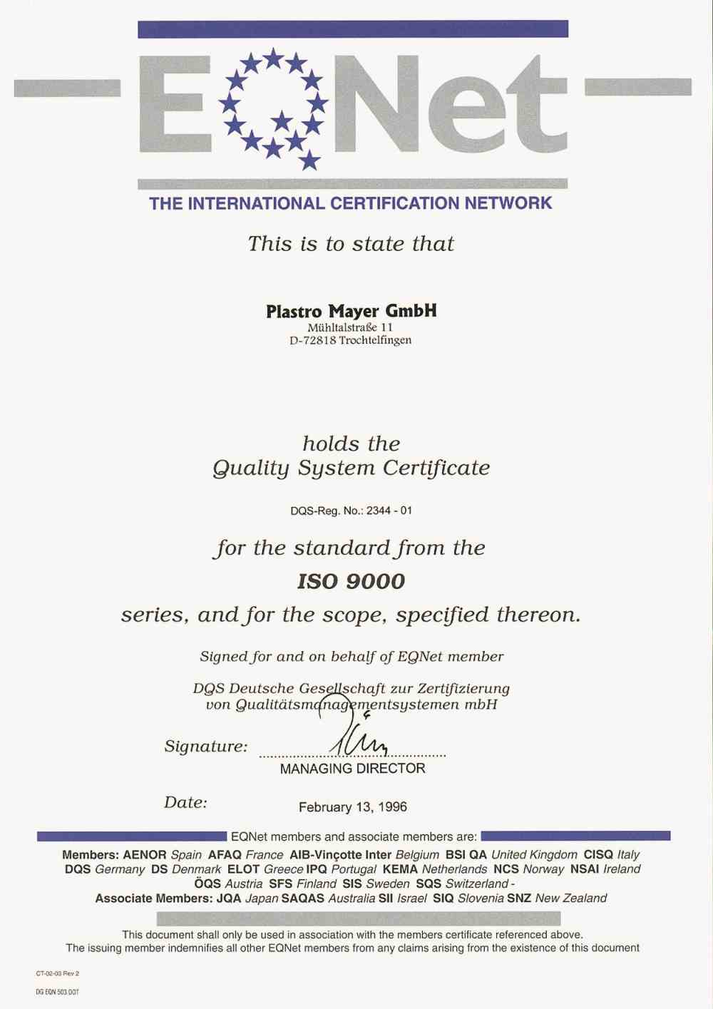 1996: Zertifizierung nach DIN EN ISO 9000